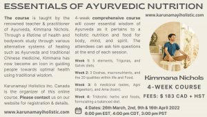 Course - Essentials of Ayurvedic Nutrition by Kimmana Nichols - Karunamayi Holistic Inc Canada