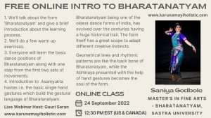 Free Intro to Bharatanatyam Online Class by Karunamayi Holistic Inc Canada USA UK France Germany Europe Australia Asia Japan India World