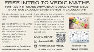 Free Intro to Vedic Maths Webinar for Kids and Adults - Canada USA UK France Germany Europe Dubai UAE Japan Asia India - Karunamayi Holistic Inc - 1